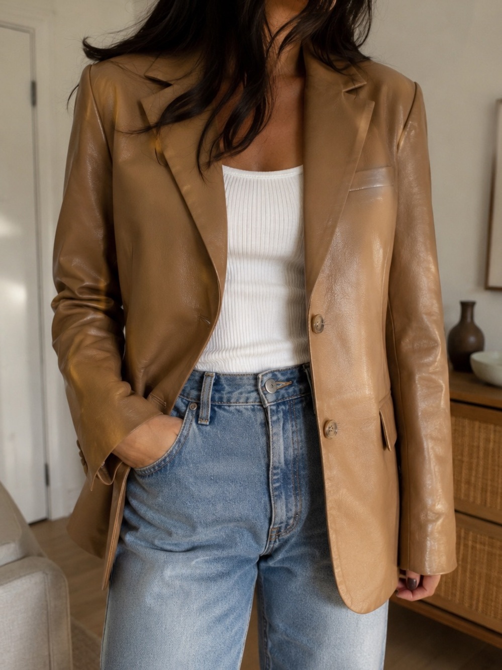 Aritzia Wilfred Memories Vegan Leather Blazer Constant Camel Size S fall season